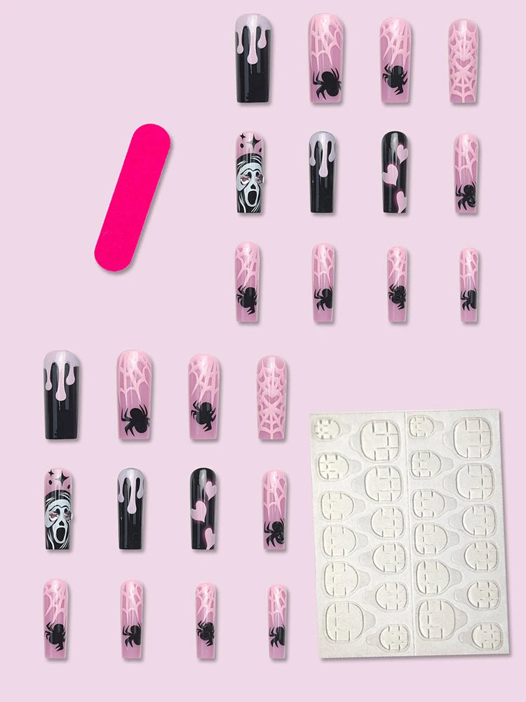 Upgrade Your Style for Halloween with This 24 Piece Long Coffin Shaped Punk Style Ghost Heart Spider Web Nail Art Set