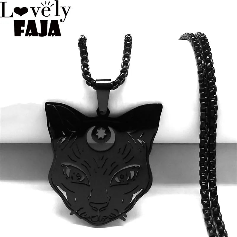 Gothic Wicca Cat Moon Star Pendant Necklace – Black Stainless Steel Heptagram Witchcraft Jewelry for Women