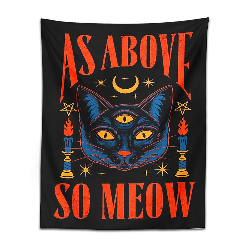 Cat Tarot Tapestry | Witchcraft Cat Wall Hanging | Psychedelic Boho Room Decoration