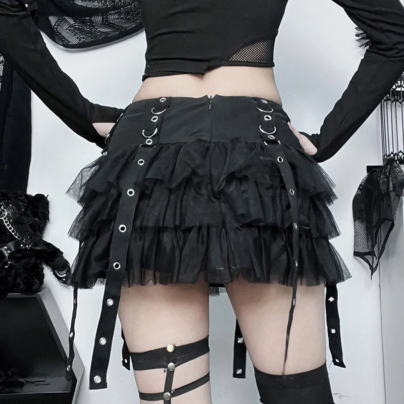 Women's Punk Style Multi-Layered Mesh Cake Skirt – Features a woven belt and adjustable fit, creating a bold, edgy look. Short skirt design with layers of mesh adds texture and volume, making it perfect for alternative fashion styles