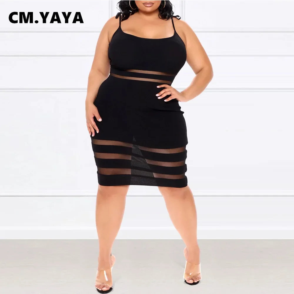 CM.YAYA Plus Size Mesh Patchwork Bodycon Dress – Sexy Night Party Clubwear, Spaghetti Strap Sleeveless Midi Pencil Dress