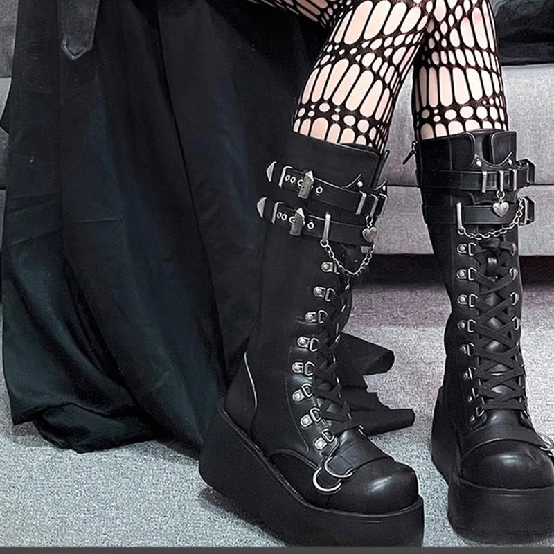 Metal Buckle Chunky Platform Punk Boots - Women’s Gothic Knee High Cosplay Shoes