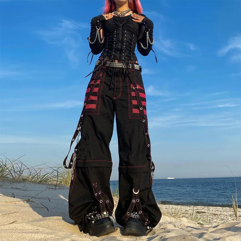 Yangelo Y2k Punk Wide Leg Grunge Black Pants Mall Gothic Harajuku Baggy High Waist Trousers Strap Patchwork Techwear Clothes