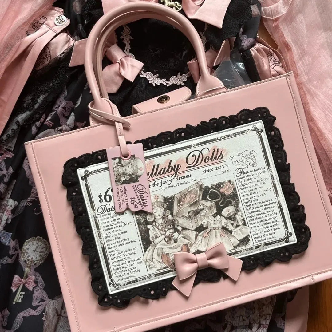 JIAERDI Fairycore Lolita Tote Bag - Women’s Harajuku Bow Handle Pink Leather Handbag, Vintage Large Capacity JK Shoulder Bag
