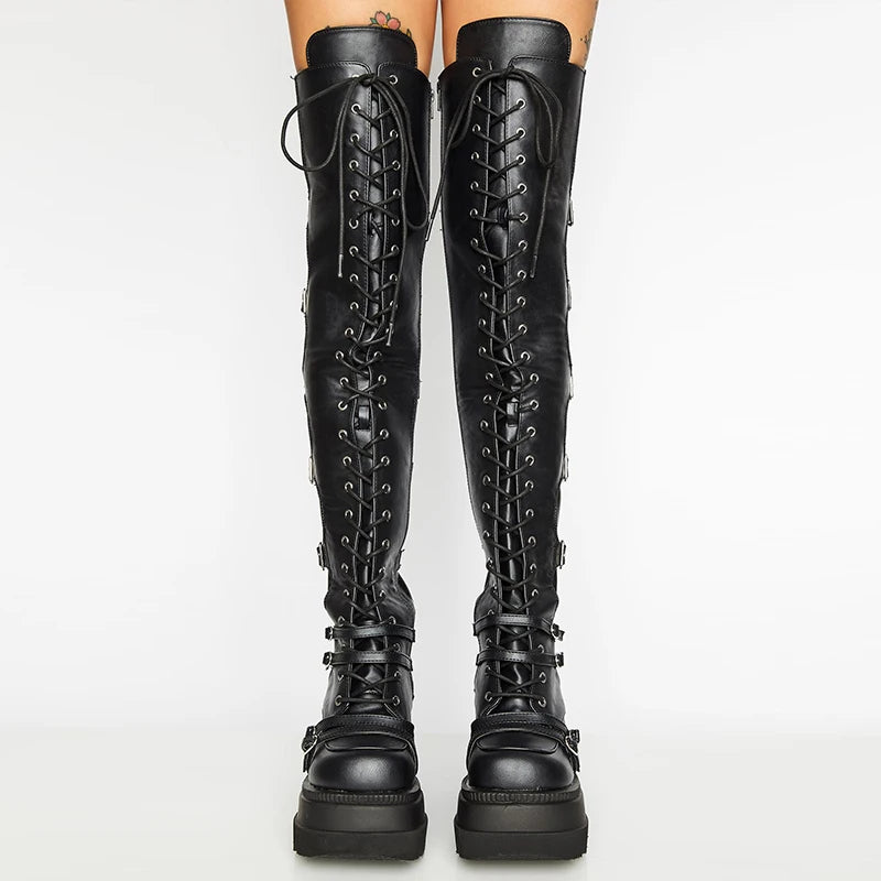 Punk Over-the-Knee Boots for Women – Platform Heels with Belt Buckle, Thigh-High Flat Motorcycle Goth Shoes