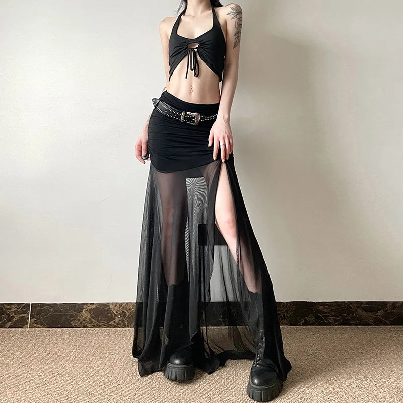 Yangelo Gothic Street Style Pure Color Slim Fit High Waist Net Yarn Split Skirts 2024 Summer Women's Fashionable Skirt