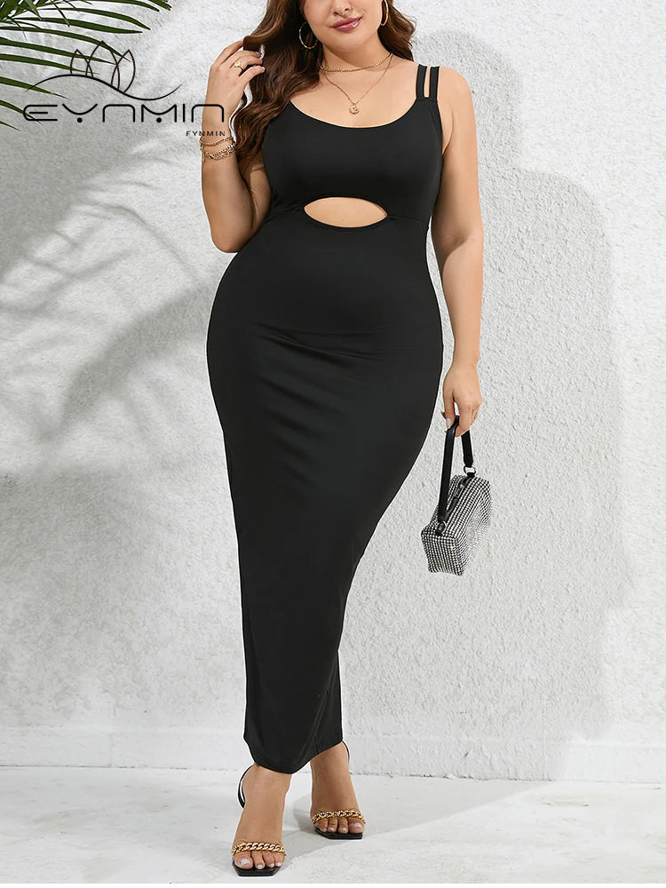 EYNMIN Plus Size Black Long Bodycon Dress - Summer Sexy Hollow Out Backless Elegant Split Cami