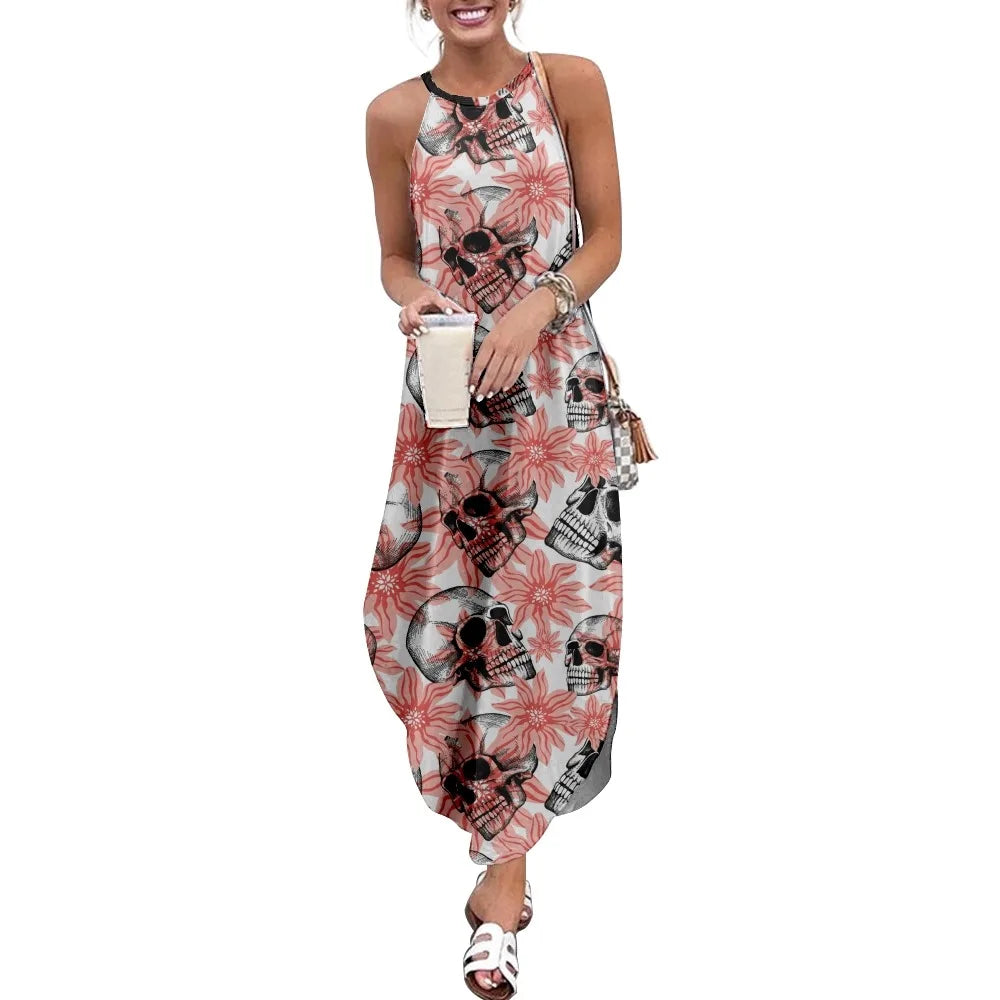 Floral Skull Print Women's Casual Short Sleeve Camisole Dress - Loose Long Double Pocket Beach Resort Dress