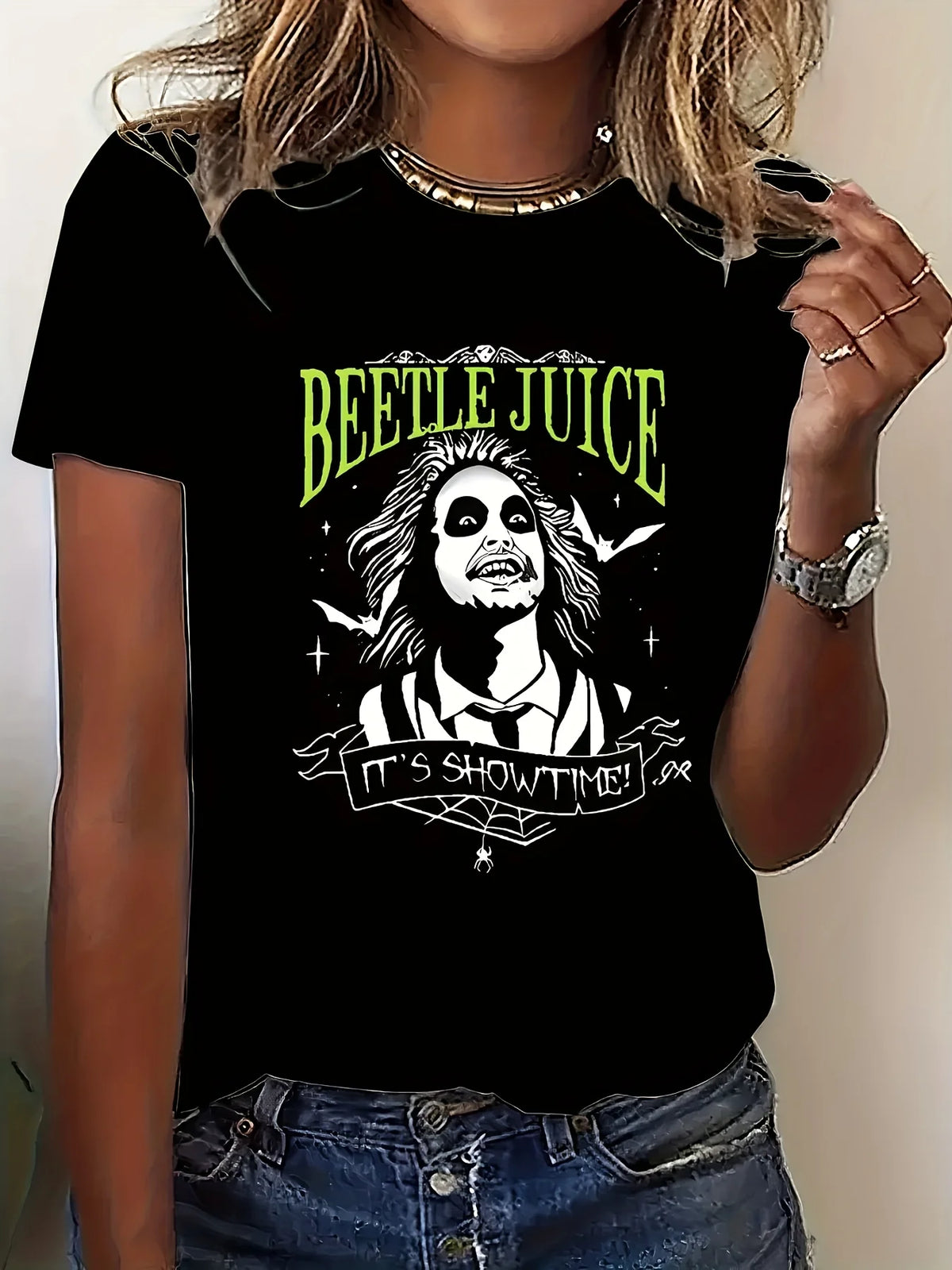 Beetlejuice Cotton Round Neck T-Shirt for Women – Black Plus Size Casual Tee with Unique Print