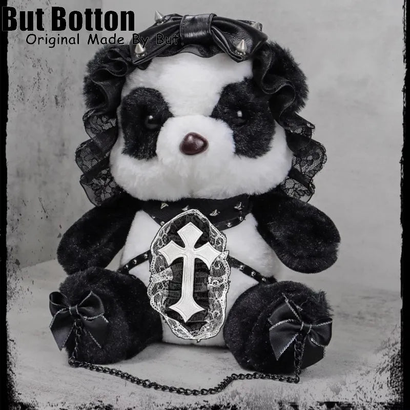 Lolita Goth Panda With Bats And Bows Soft Plush And Lace Accent Novelty Crossbody Handbag