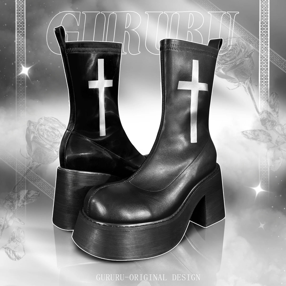 GURURU's Original Gothic Cross Elastic Boots With Thick Soles High Sponge Soles Short Boots PU Fashion Shoes