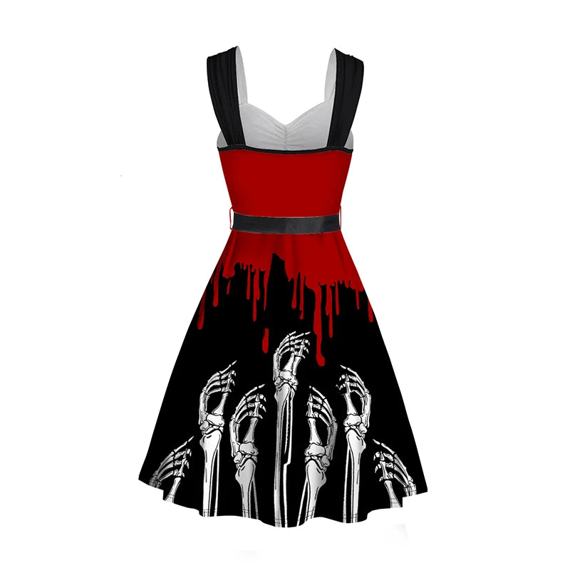 2024 Halloween Belted Mini Dress | Blood Skeleton Hand Print | Mock Button Ruched High Waist Sleeveless Dress