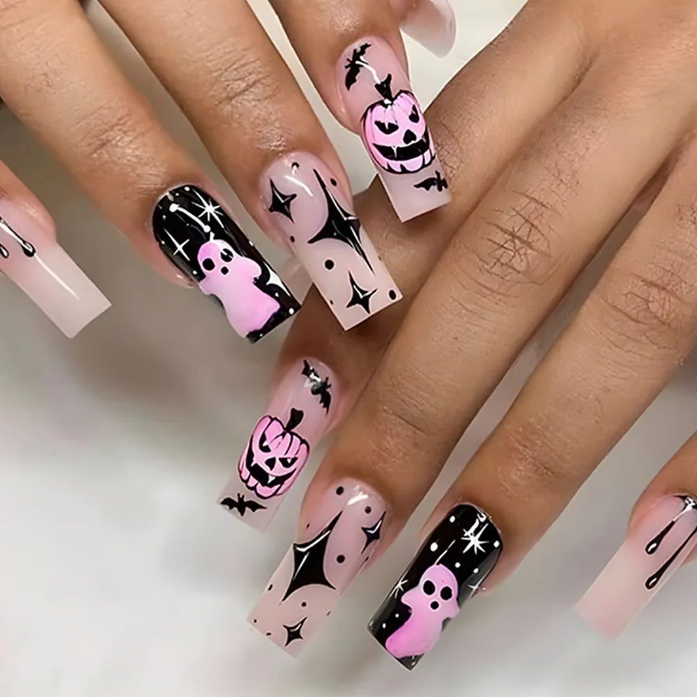 24Pcs Halloween Ballet False Nails with Ghost Spider Web Design Pink French Fake Nails Detachable Coffin Press on Nail Tips