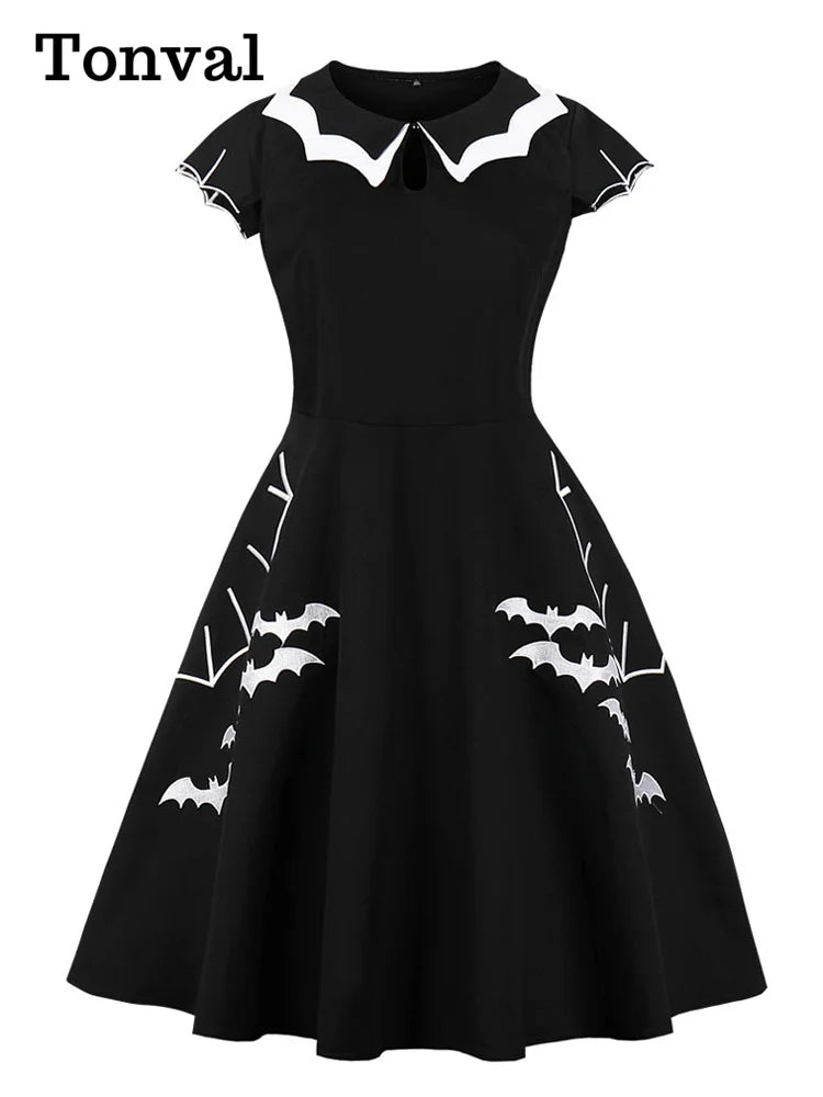 Tonval Bat Embroidery Halloween Costume Vintage Dress - Cap Sleeve with Keyhole Front, Cotton Retro A-Line Design for Women's Parties