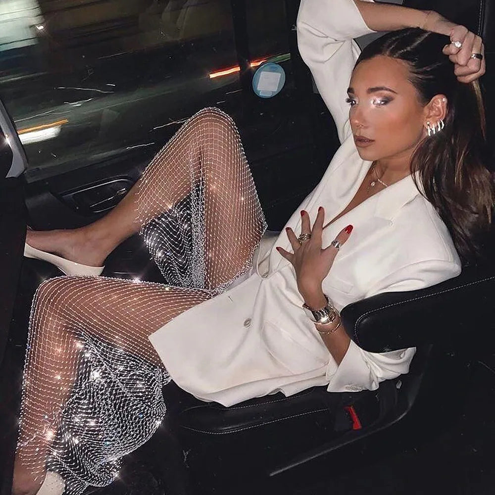 Sexy Fishnet Rhinestone Mesh Chain Look Baggy Pants