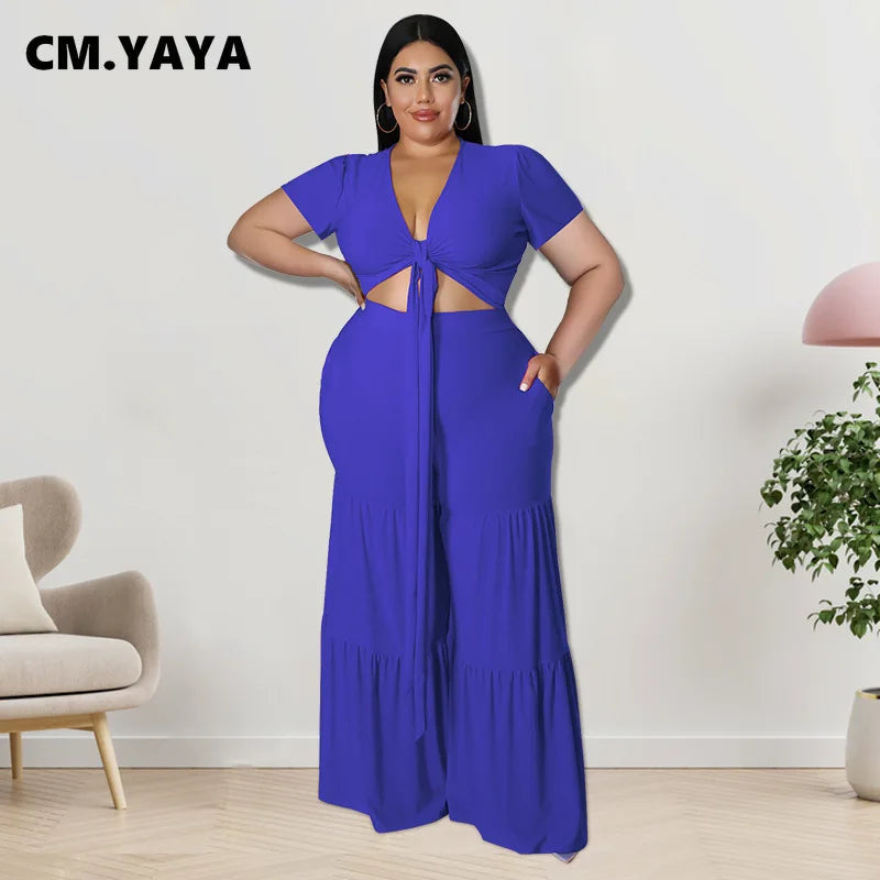 CM.YAYA Elegant Plus Size Loose Lantern Flare Trousers Suit - Women's Tie Crop Top and Straight Pants Two Piece Set