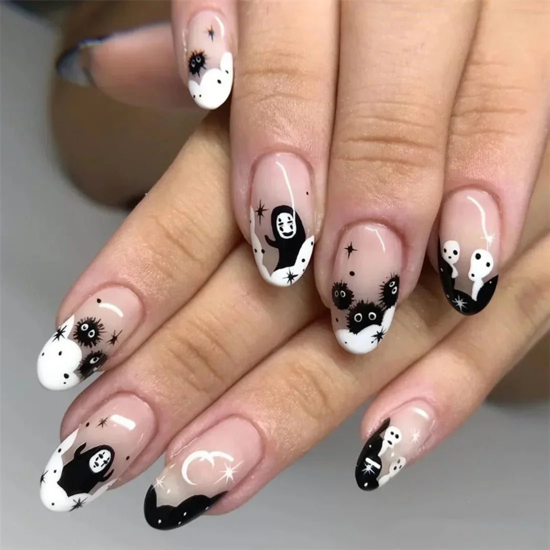 24Pcs Halloween Acrylic Fake Nails – Full Coverage Press-On Nails with Pumpkin, Skull, and Moon Designs