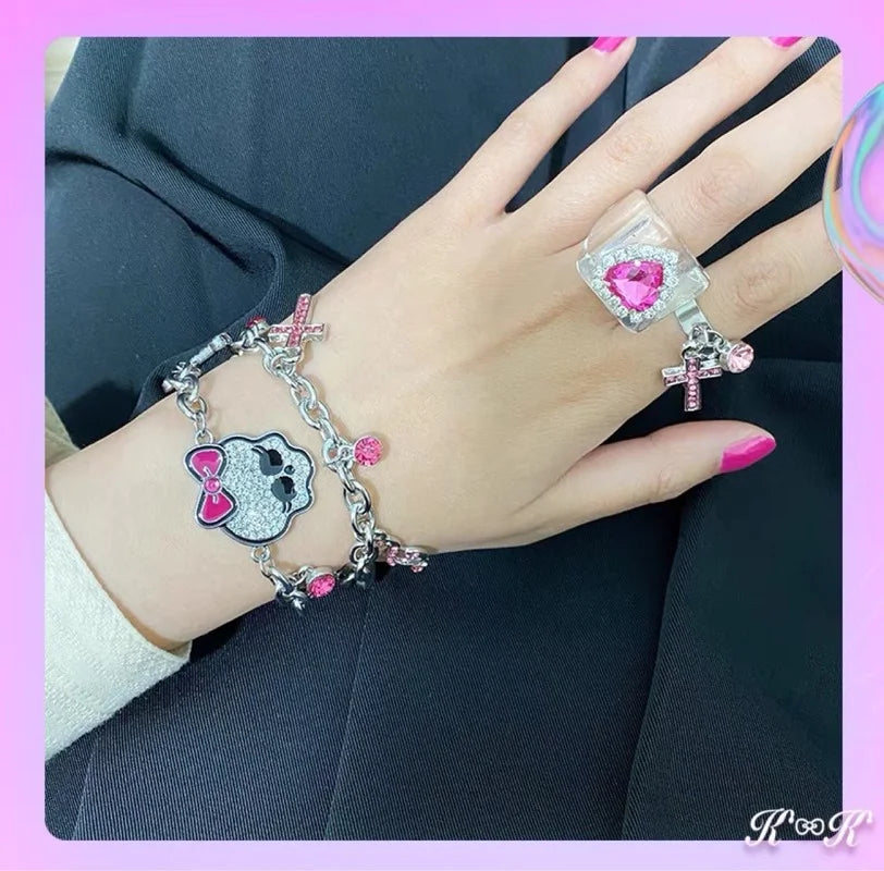 Y2K Pink Bowknot Rhinestone Skull Bracelet - Fashion Gothic Bone Thick Chain Charm for Women, Harajuku Jewelry