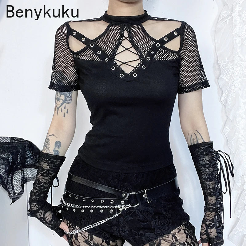 Goth Punk Fishnet Short Sleeve Crop Top – Women’s Gothic Hollow-Out Mesh, Mock Neck Slim Tee Shirt, Sexy Party Night Club Wear