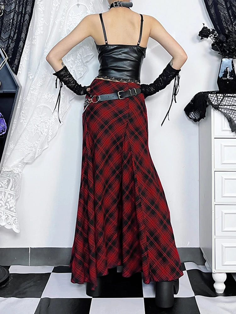 AltGoth Vintage Gothic Red Plaid Skirt for Women | Harajuku Streetwear Cyber Y2K High Waist Trumpet Skirt | Aesthetic Coquette Partywear