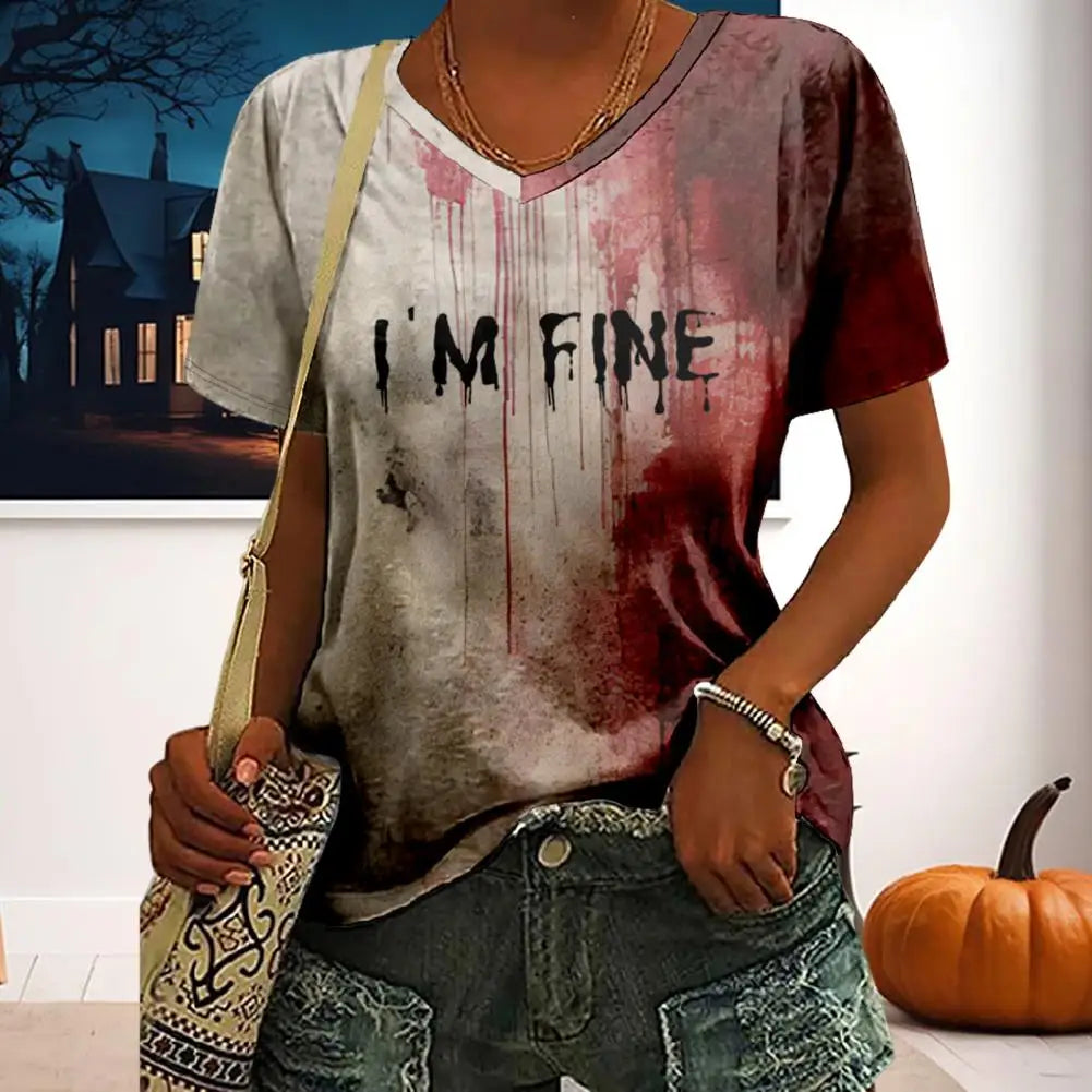 Halloween 'I'm Fine' Blood Letter Print V-Neck T-Shirt – Women's Long Sleeve Loose Festival Top