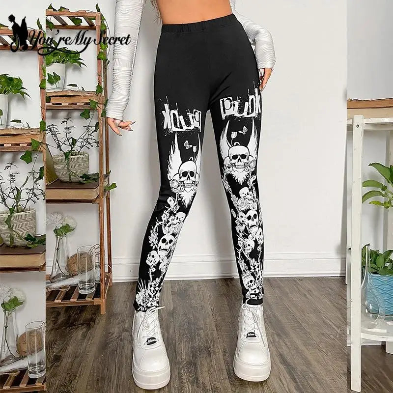 [You're My Secret] 2023 Gothic Leggings for Women Ouija Workout Pants Dark Grunge Black Skull Leggins Halloween Spandex Legins