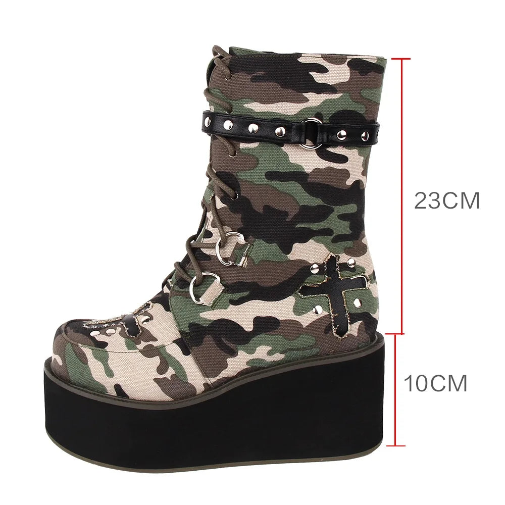 Fashion Women motorcycle camouflage boots lady Punk Cool Boots woman high trifle heel pumps platform shoes 10cm plus size 33-47