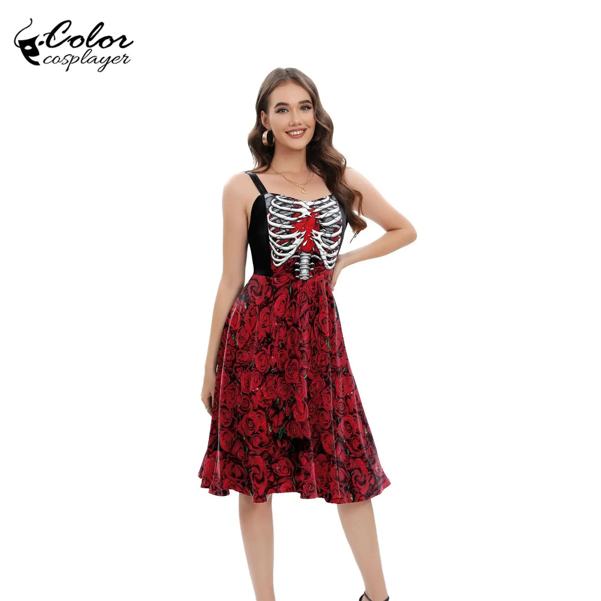 Color Cosplayer Red Rose Pattern Dress Gothic Skeleton Slip Dresses Halloween Witch Cosplay Costume Women Carnival Party Outfit