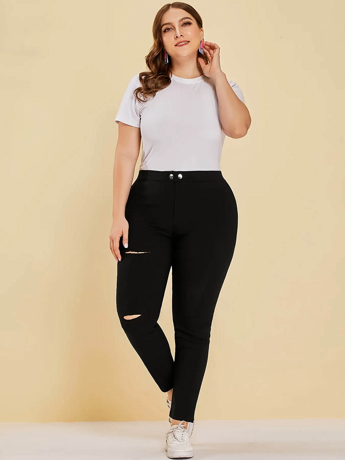 Summer New Women's Plus-Size British High Street Style Button Fashion Solid Color 9-Point Pants