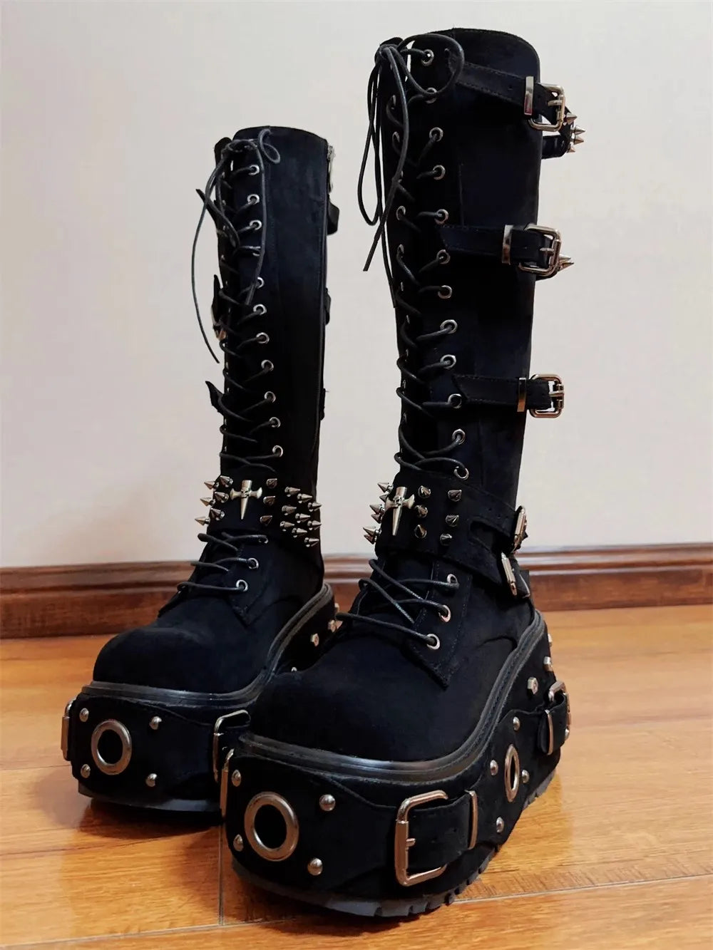 Women Motorcycle Boots woman high Heels pumps Lady knight boots girl punk Gothic long boots customized shoes rock heavy industry