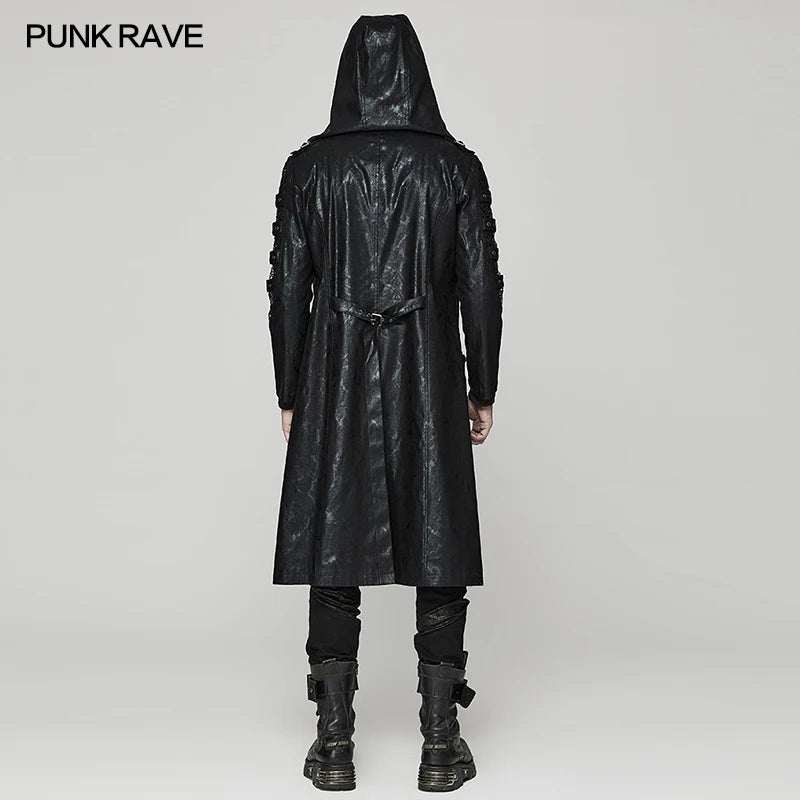 PUNK RAVE Men's Punk Distressed Hooded Hollow Twill Printing Long Coat Detachable Hat Casual Handsome Jacket Men Clothing