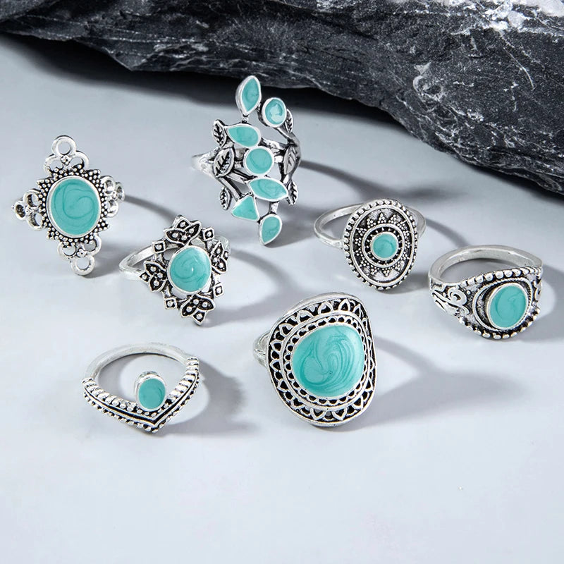 Tocona Bohemian Turquoise Joint Ring Set, Vintage Silver Geometric Party Rings for Women Men
