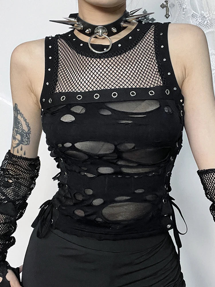 InsGoth Gothic Crop Top | Women’s Punk Tank Camisole | Sexy Fishnet Backless Steampunk Vest | Trendy Clubwear for Rave Parties