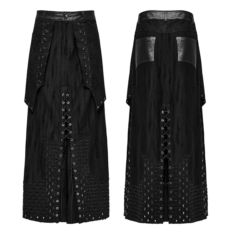 PUNK RAVE Men's Punk Layered Iron Ring Skirt - Heavy Industry Style with Irregular Splicing, Creative Streetwear Casual Pants