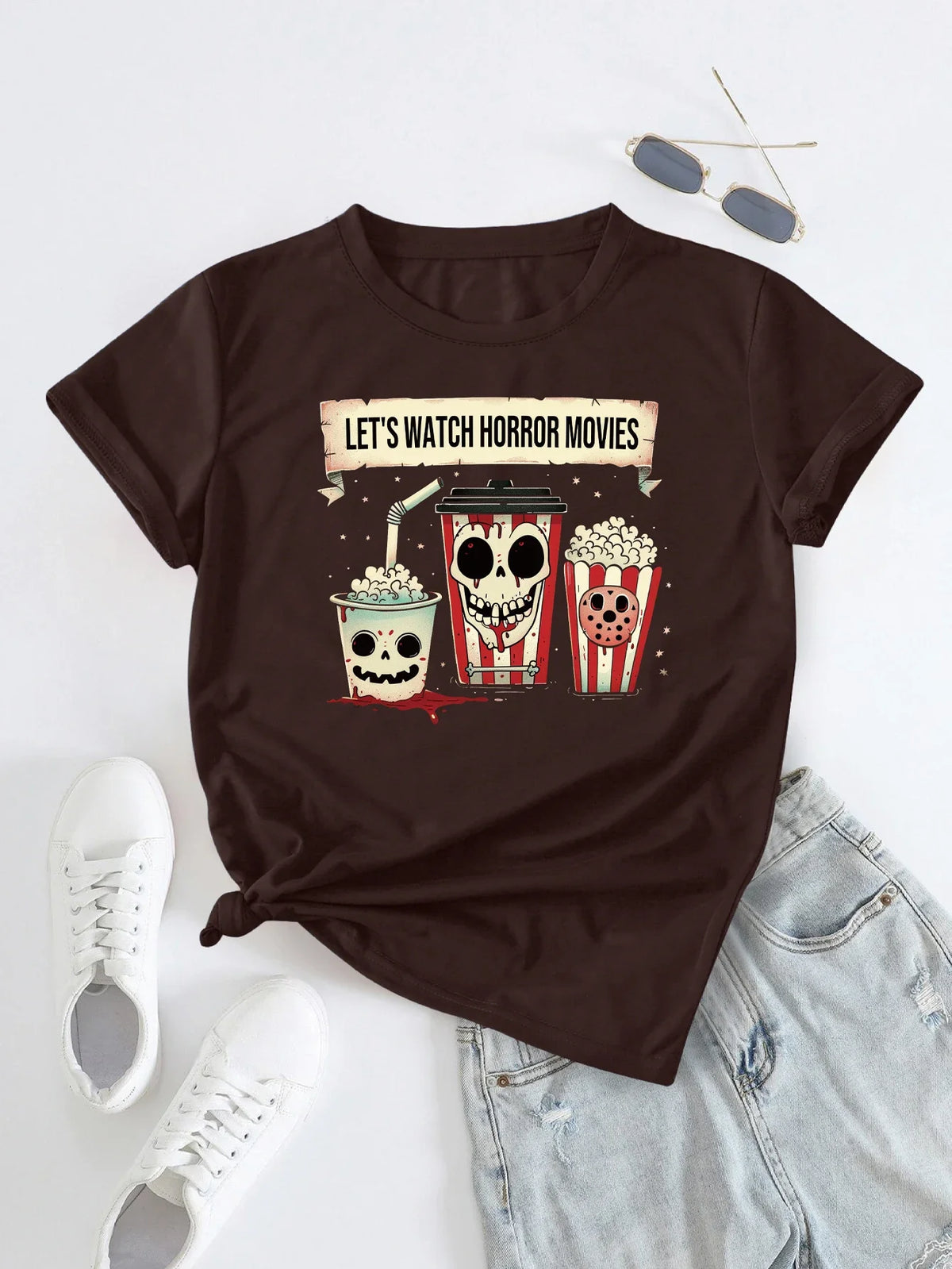 Horror Movie Night Popcorn Skull Print T-Shirt | Short Sleeve Crew Neck Casual Top | Women’s Summer & Spring Clothing