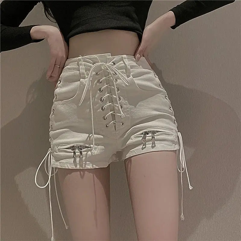 New Bandage Sexy Denim Shorts Women - Streetwear Gothic Jeans Mini High Waist Lace-Up Casual Zip Black Goth Club Fashion