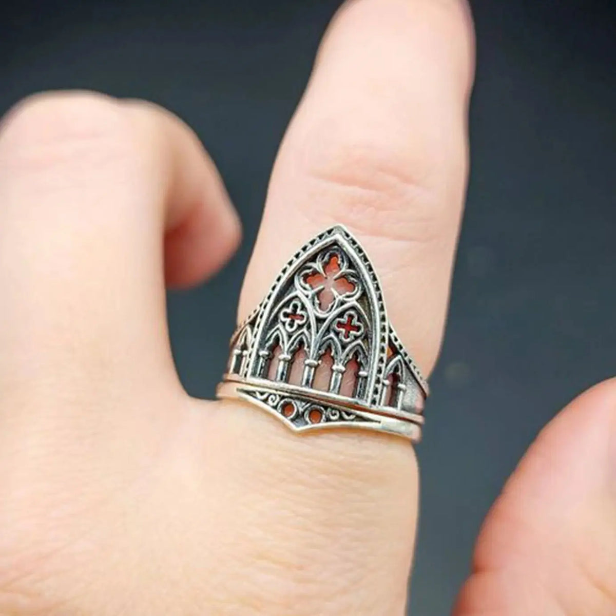 Vintage Gothic Silver Open Ring - Castle Architecture Style with Hollow Out Floral Geometry Design, Perfect for Women’s Party or Prom