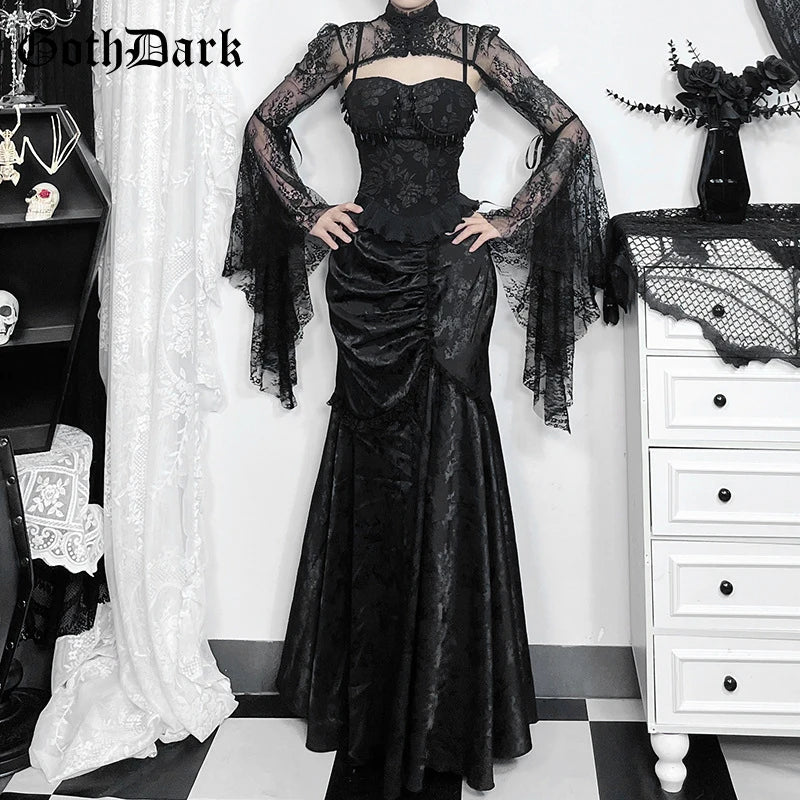 Goth Dark Elegant Fashion Party Gown - High Waist Lace-Stitched Mermaid Skirt, Sexy Pleated Bodycon for Women