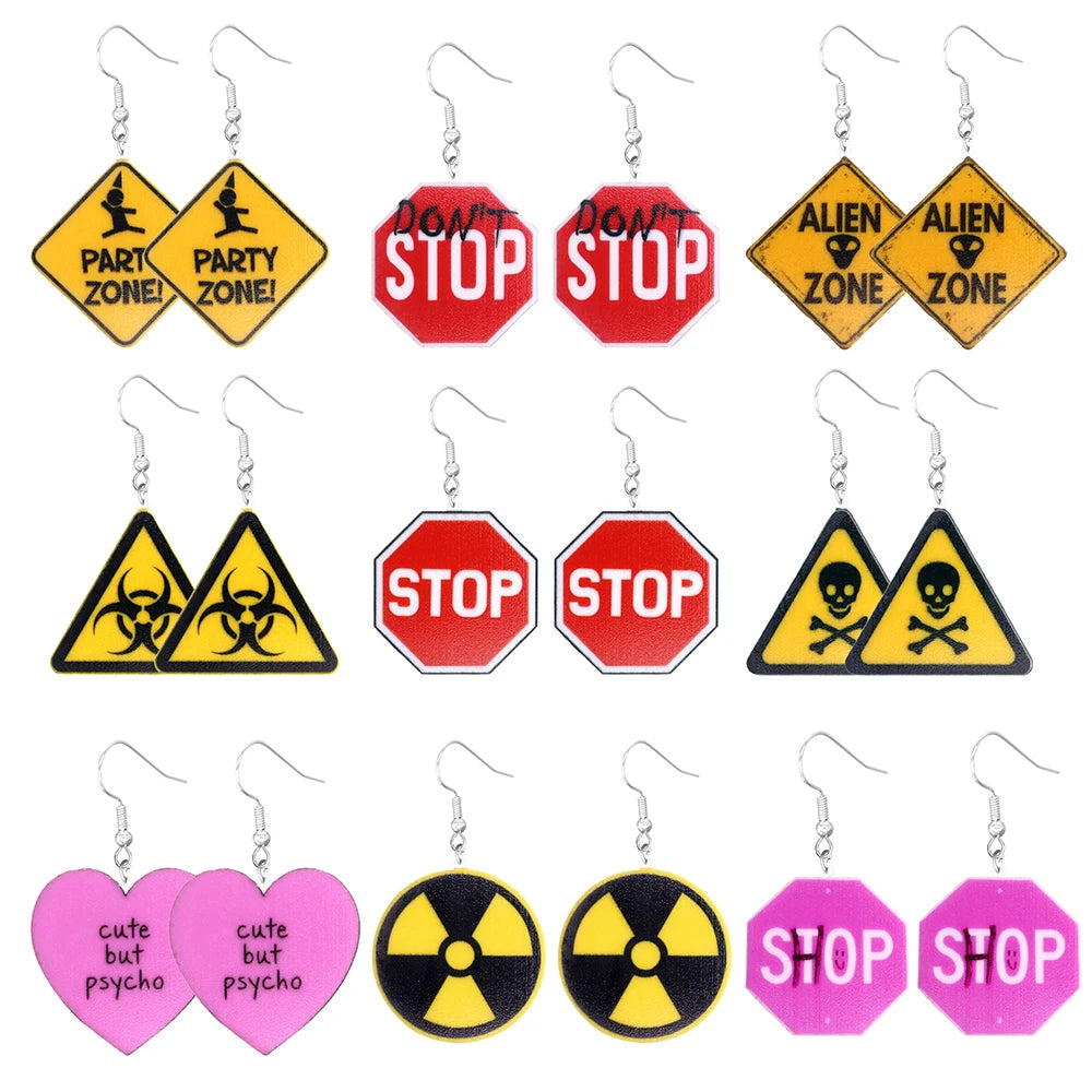 Cartoon Earrings: Acrylic Cute and Funny Road Signs, Warning Signs, Aliens