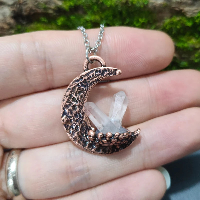 Pagan Crescent Moon Healing Crystal Quartz Pendant Necklace – Occult Witch Celestial Jewelry for Women