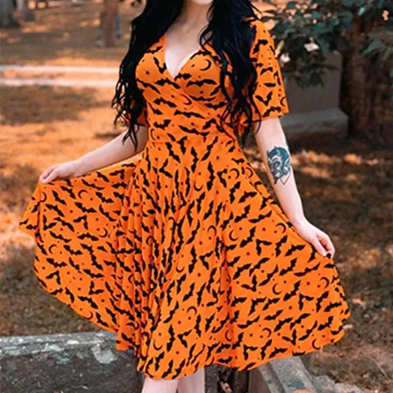 Yangelo Orange Deep V-neck Fairy Grunge Dress Women Mall Gothic Aesthetics Elegant Bat Pattern Split Sexy Dress