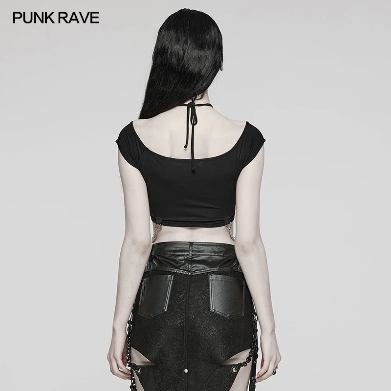 PUNK RAVE Women's Punk T-Shirt - Black Gothic Short Top with Front Metal Rings, Sexy and Stylish for Summer