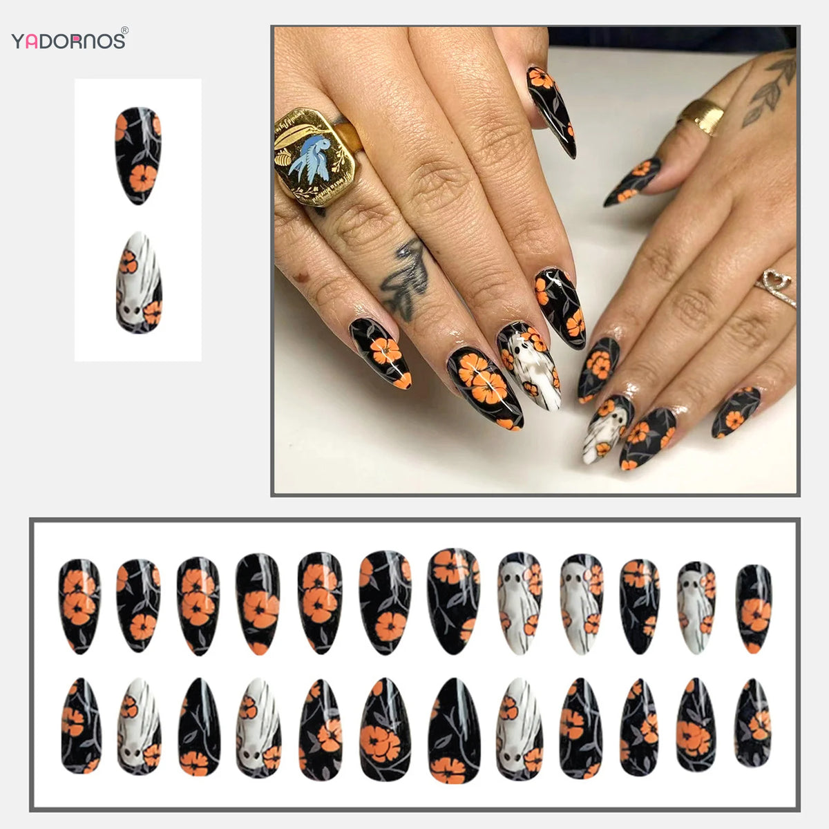 24pcs Black Halloween Fake Nails – Ghost & Orange Flower Print Press-On Nails, Spooky Manicure Set