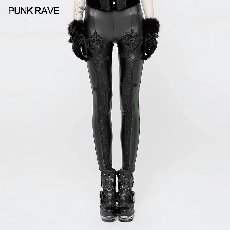 PUNK RAVE Gothic Elastic Waistband Embroidered Leather Leggings | Vintage Embossed Mesh Lace Club Party Sexy Women Pants