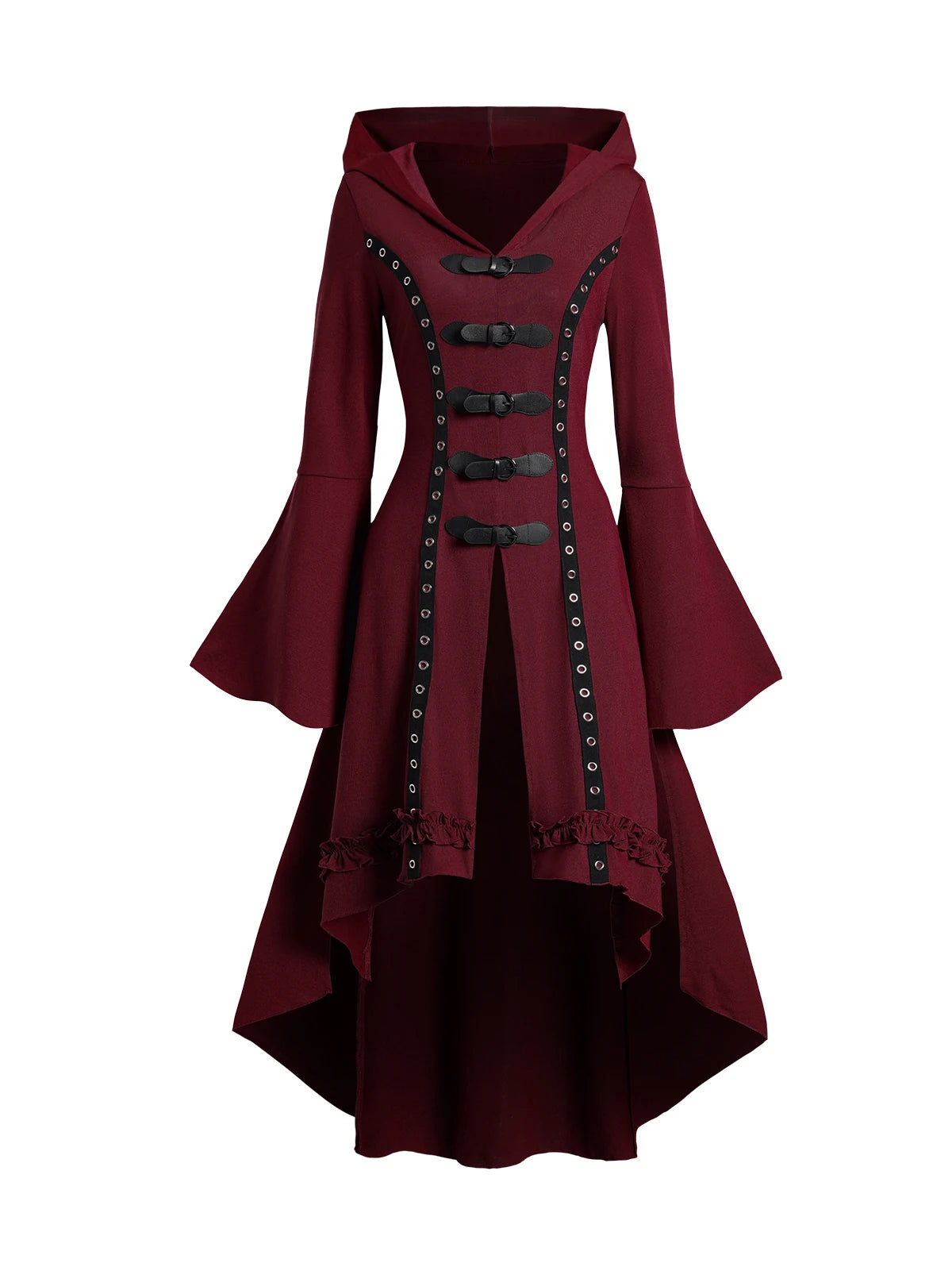 Dressfo Women’s Gothic Grommet Hooded Top – High Low Hem, Buckle Flare Sleeves, Frilled Long Sleeve Halloween Dress