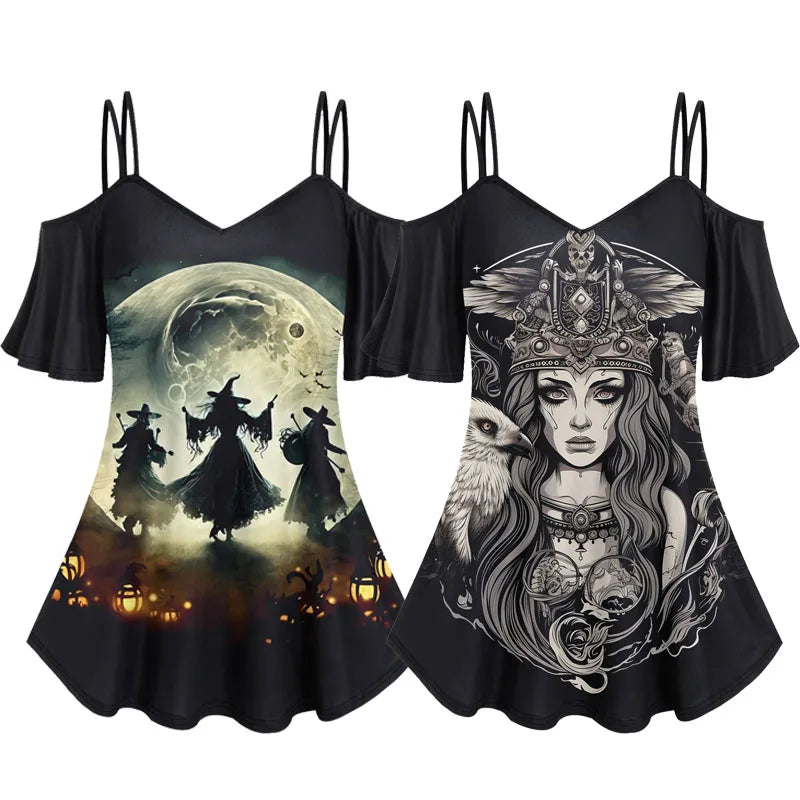 Plus Size Gothic 3D Printed Cold Shoulder Cami T-Shirt – Halloween Witch & Wizard Graphic Casual Top for Women