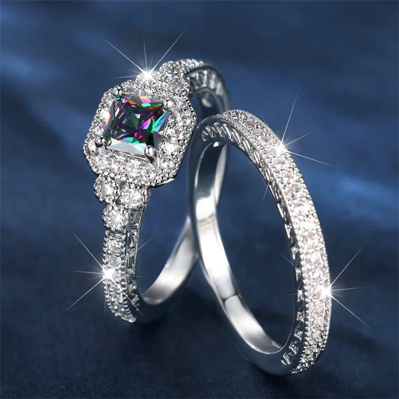 Luxury Crystal Rainbow Zircon Engagement Ring Set - Cute Wedding Jewelry for Women