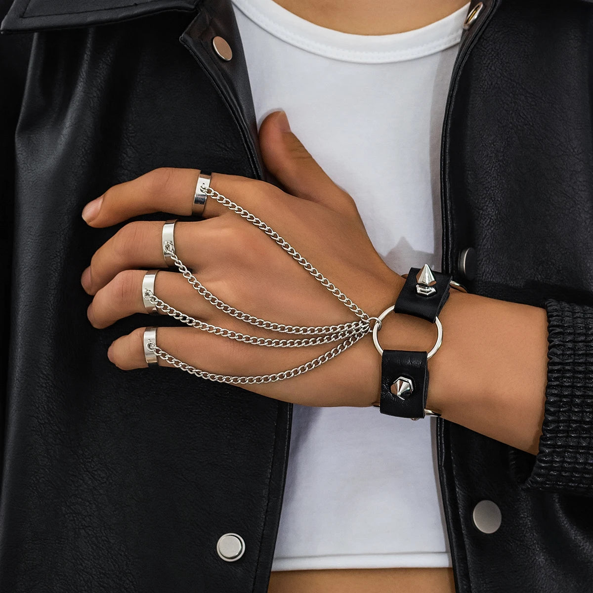 Goth Punk Rock Rivet Black PU Leather Chain Link Ring Bracelet