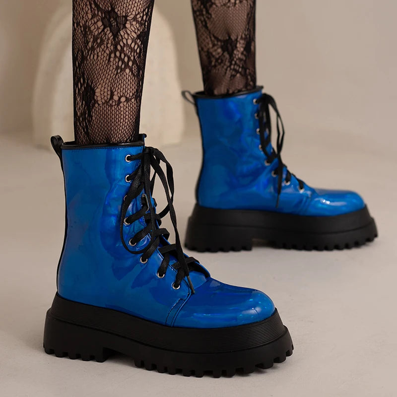 Double Layer Platform Shiny Patent Leather Flat Bottom Boots