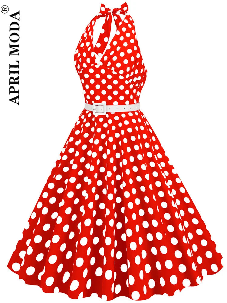 Sexy Backless Halter Swing Party Dress with Belt - Polka Dot Print Vintage Women's Runway Prom Tea Dress, 50s Cocktail Dress